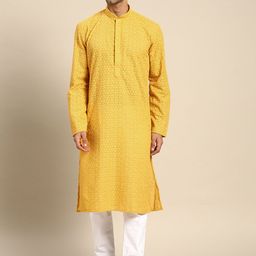 RAJUBHAI HARGOVINDAS Men Mustard Yellow Floral Embroidered Chikankari Pastels Kurta-picture-17