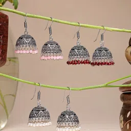 Sangria Set of 3 German Silver Oxidized Silver Plated Artificial Beaded Jhumkas-51