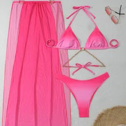 Plus Curvves 3Pcs Ombre Halter Neck Top With Detachable Pads And Metal Chain Swimwear-image-59