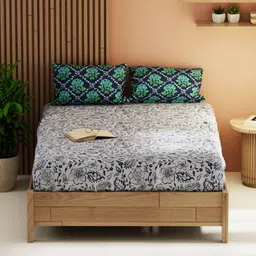 KOPA Magnolia Grey & Blue Floral 152 TC Queen Bedsheet With 2 Pillow Covers-33