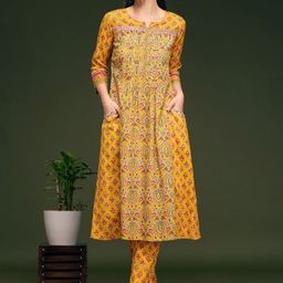 FASHOR Floral Printed Notch Neck Pure Cotton Panelled A-Line Kurta With Trousers-image-59