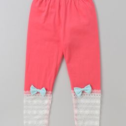 Kookie Kids Full Length Cotton Lycra Leggings With Lace And Bow Applique - Fushcia-82