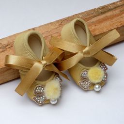 Daizy Shimmery Stone & Pearl With Pom Pom & Ribbon Detailed Booties - Gold-image-30
