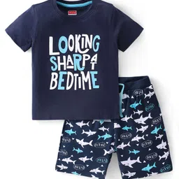 Babyhug Cotton Knit Half Sleeves Night Suit Text & Sharks Print - Navy Blue-picture-20
