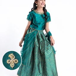 Pine Kids Woven Half Sleeves Lehenga Choli Set With Embroidered - Green-image-22