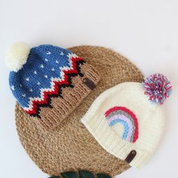 Woonie Pack Of 2  Hand knitted Rainbow Embroidered & Pom Pom Detailed     Caps - Blue-image-1