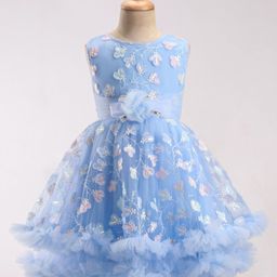 Bluebell Net Sleeveless Sequins & Floral Embroidered Flared Party Frock - Blue-image-80