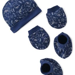 Doodle Poodle 100% Cotton KnitCap Mittens & Booties Set Dino PrintNavy Blue - Diameter 11 cm-18