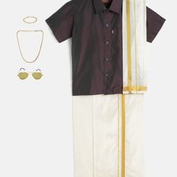 THANGAMAGAN Viscose Half Sleeves Solid Shirt With Mundu & Angavastram With Freebies Set - Grey-image-86