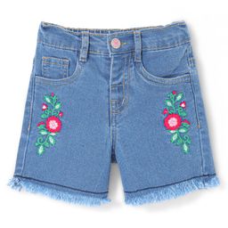 Babyhug Cotton Mid Thigh Denim Washed Shorts with Stretch Floral Embroidered - Blue-image-77