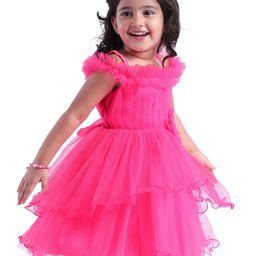 Babyhug Off Shoulder Sleeves Fit and Flare Party Frock with Frill Detailing & Floral Applique -Neon Pink-image-69