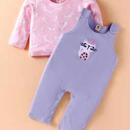 ToffyHouse 100% Cotton Knit Full Sleeves Kitty Printed Top& Dungaree Style Romper with Patch - Lilac & Pink-image-34