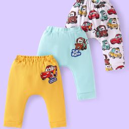 Babyhug Disney Interlock Knit Full Length Diaper Leggings withCar Graphics Pack of 3 - Blue Yellow & White-image-3