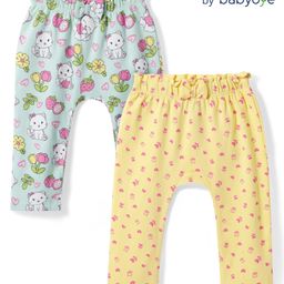 Babyoye 100% Cotton Knit Full Length Eco Jiva Finish Diaper Leggings with Floral & Kitty Print Pack of 2 - Yellow & Light Green-image-68