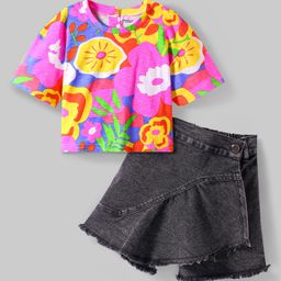 Ollington St. Knit Floral Printed Half Sleeves Top & Denim Skorts - Dark Pink & Charcoal-image-8