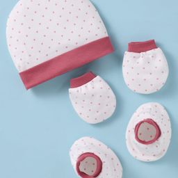 Ben Benny Interlock Knit Cap Mittens & Booties With Heart Print - White-image-66