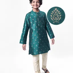 Pine Kids Woven Full Sleeves Kurta Pyjama Set with Floral Foil Print - Teal Blue-picture-0