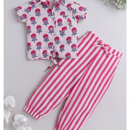 The Magic Wand Cotton Half Sleeves Floral Printed Shirt & Striped Pant - Fuchsia-image-84