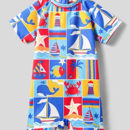 Babyhug Water Repellant Half Sleeves Legged Swimsuit With Boat Print - Blue-image-64