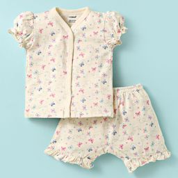 CUCUMBER Sinker Knit Half Sleeves Co-ords Shorts Night Suit with Butterfly Print - Cream-picture-19