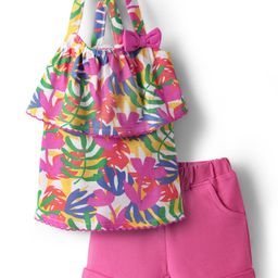 Babyhug Single Jersey Knit Sleeveless Top & Shorts Set with Floral Print Bow Applique & Lace Detailing - Dark Pink-image-120