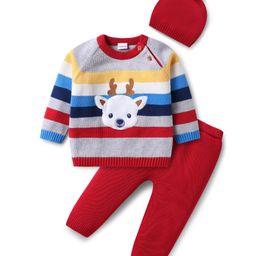 Babyhug Organic Cotton Knit Raglan Sleeves Sweater Set with Cap Reindeer Patch & Stripes - Grey & Red-image-5