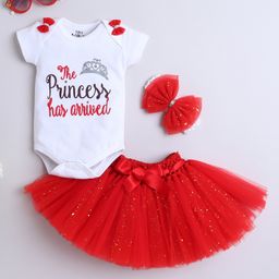 TINY MINY MEE Elastane Woven Half Sleeves The Princess Has Arrived Text Printed Onesie With Tutu Skirt & Headband - Red-picture-16