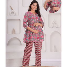 CeleBravo Rayon Woven Three Fourth Sleeves Floral Printed Maternity Ethnic Kurta With Nursing Access & Pant Set - Beige-image-96