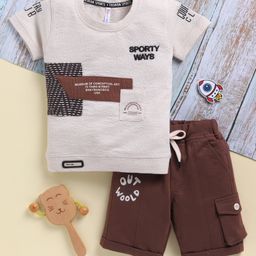 TOONYPORT Cotton Knit Half Sleeves Sporty Ways Text Puff Printed Tee & Shorts Set - Cream-image-61