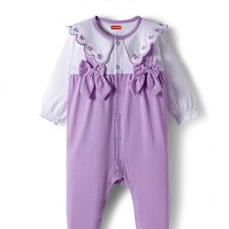 Babyhug 100% Cotton Interlock Knit Full Sleeves Front Open Romper with Frill Detailing Floral Embroidery & Bow Applique & Hairband - Purple-picture-38