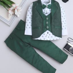 Fourfolds Cotton Blend Woven Full Sleeves Abstract Motifs Printed Shirt Trousers & Waistcoat With Attached Blazer & Bow - Dark Green-picture-5