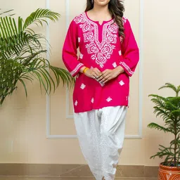 ADR CHIKAN Women Floral Embroidered Lucknowi Chikankari Straight Kurti with Dhoti Pants-picture-46