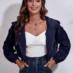 Oh Rare Women Washed Checked Crop Denim Jacket-image-41
