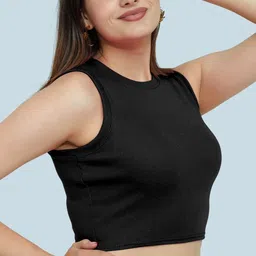 GLOWBERRY Black Ribbed Round Neck Sleeveless Crop Top-picture-3