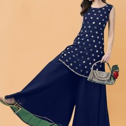 PARROT CREATION Geometric Embroidered Sequinned Georgette Kurti with Sharara And Dupatta image 2