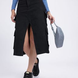 glitchez Street Sleek Front-Slit Cargo Denim Midi Skirt-image-82