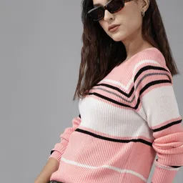 Roadster Women Pink & White Striped Acrylic Pullover-image-27