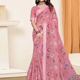 Satrani Rose Pink Linen Printed Saree With Unstitched Blouse-image-74