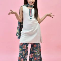 Juniper Girls White & Blue Embroidered Kurta, Plazzos With Dupatta-image-29