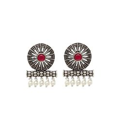 Panash Silver-Plated & Pink Circular Oxidised Stud Earrings image 3