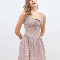 Styli Brown A-Line Checks Dress-image-78
