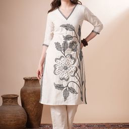 FASHOR Abstract Threadwork Embroidered V Neck Top With Trousers Co-Ords Set-picture-39