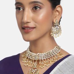 Zaveri Pearls Gold Tone Kundan & Pearls Traditional Necklace & Earring Set-ZPFK9811-18