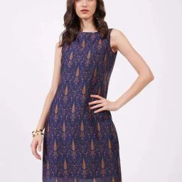 Fablestreet Navy Printed A-Line Dress-image-58