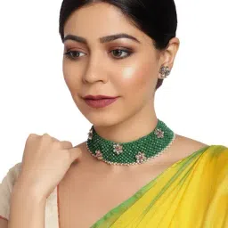 Zaveri Pearls Crystal Shine Green Beads & Kundan Flowers Necklace & Earring Set-ZPFK9817-image-51