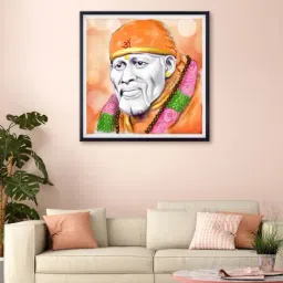 999store Orange & Grey Sai Baba Printed Canvas Painting-37