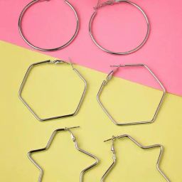 NVR Geometric Silver-Plated Hoop Earrings for Women - Set Of 3-image-10