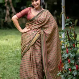 Suta Green Cotton Striped Saree Without Blouse-picture-7