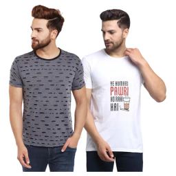Vimal Jonney Dark Grey & White Self Design T-Shirt - Pack of 2-image-79