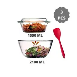 Femora Borosilicate Glass Microwave Safe Serveware Set with Spoon (2.1 L & 1.55 L) - Set of 3-31
